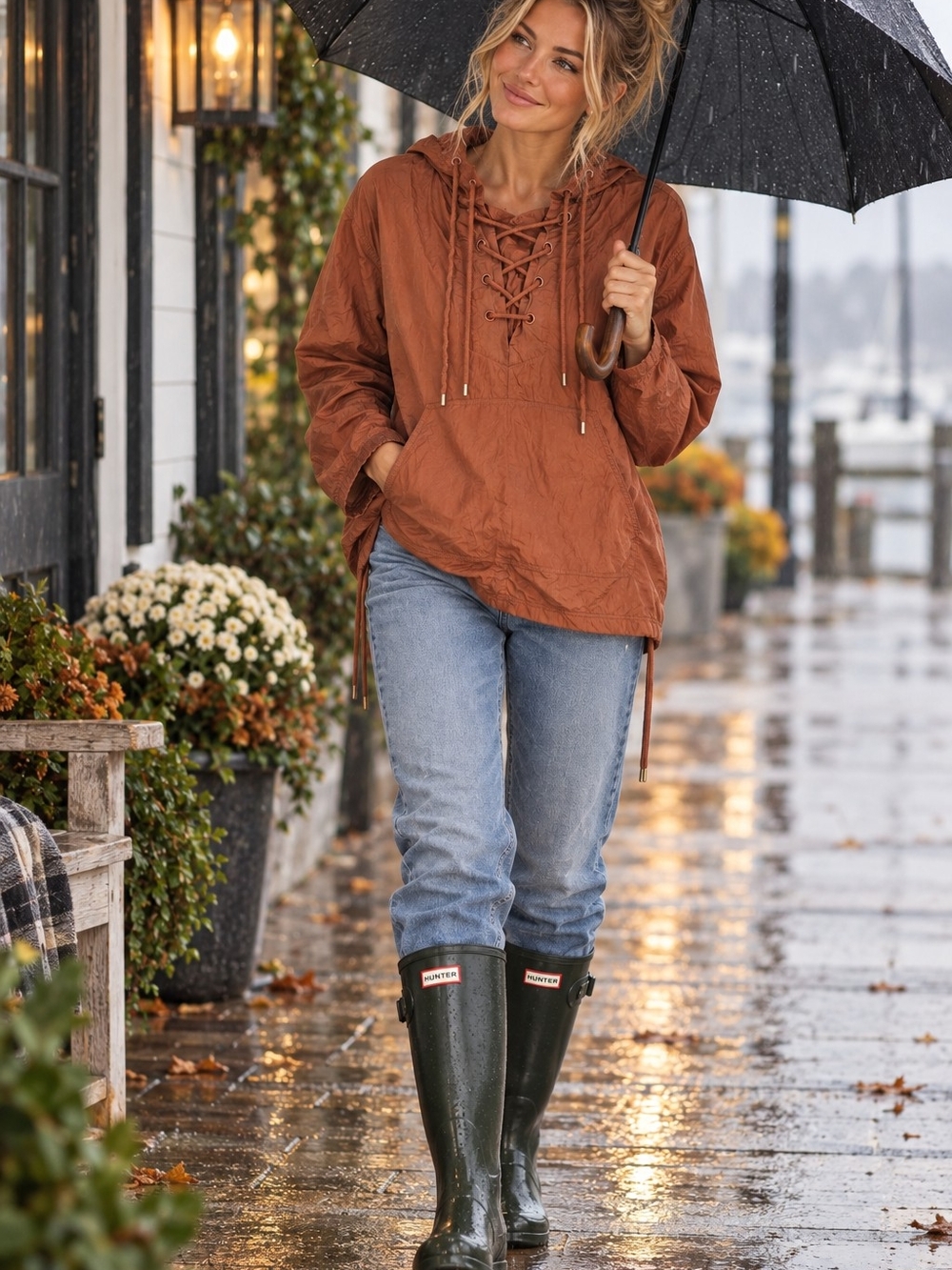 Madewell Raincoat Anorak Pullover Jacket Rust Brown Lace Up Hooded